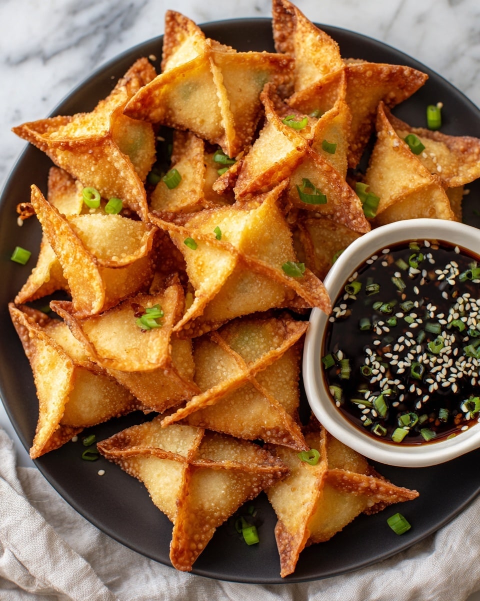 The image shows a dark plate filled with golden-brown fried wontons arranged closely together, each with a crispy texture and slightly darker edges. The wontons are pyramid-shaped with sealed, crinkled tops and have small chopped green onions scattered around them. On the right side of the plate, there is a small white bowl filled with dark dipping sauce, topped with white sesame seeds and green onion pieces. The plate sits on a white marbled surface with a cloth partially visible underneath. Photo taken with an iphone --ar 4:5 --v 7