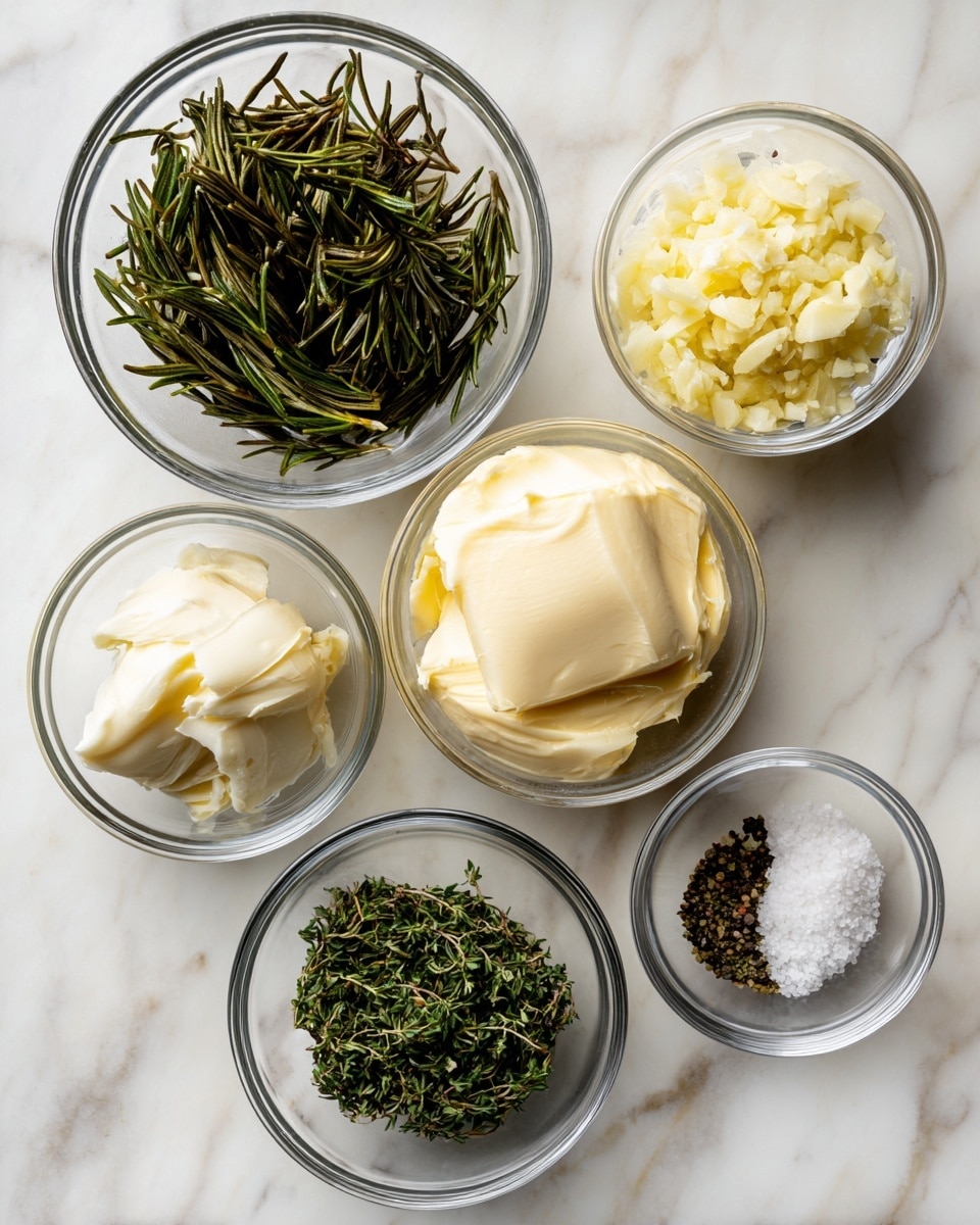 The image shows five clear glass bowls on a white marbled surface, each holding a different ingredient. Starting from the top left, a bowl filled with dark green chopped rosemary is present, followed by a bowl with finely minced pale yellow garlic to its right. Next to the garlic is a large bowl with smooth, creamy, pale yellow unsalted butter. Below the rosemary, there is a bowl containing finely chopped deep green thyme. To the right of the thyme, another bowl holds a mix of coarse white kosher salt and black pepper grains. Each bowl is spaced out neatly, showcasing the texture and color of the ingredients clearly. photo taken with an iphone --ar 4:5 --v 7