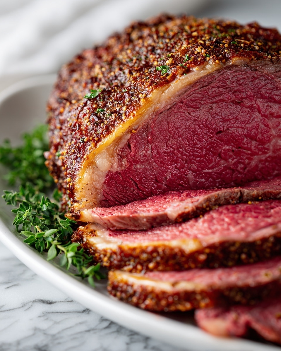 A close-up view of a thick cut of roast beef showing three layers: a dark brown outer crust with textured seasoning, a thin yellowish layer of fat near the edges, and a deep red, juicy interior that looks tender. The roast beef is placed on a white plate with some green herbs on the side, and the plate is set on a white marbled textured surface. The focus is on the cut piece while the rest of the sliced beef in the front is blurred. photo taken with an iphone --ar 4:5 --v 7