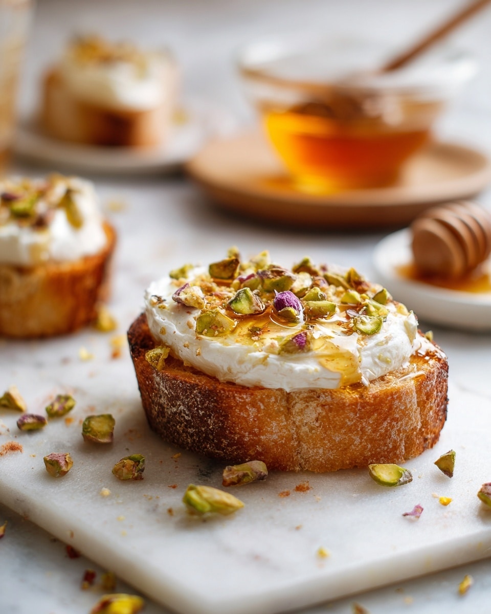 A small round slice of toasted golden brown bread forms the base layer, topped by a thick, creamy white spread with a soft texture. On top, there are small greenish-yellow and purple pistachio nuts and a drizzle of shiny amber liquid, likely honey, adding glistening accents. Scattered pistachio nuts lie on the white marbled surface around the bread. In the blurred background, a clear glass bowl with more amber liquid and a honey dipper and a wooden plate with a similar bread piece are visible. Photo taken with an iphone --ar 4:5 --v 7