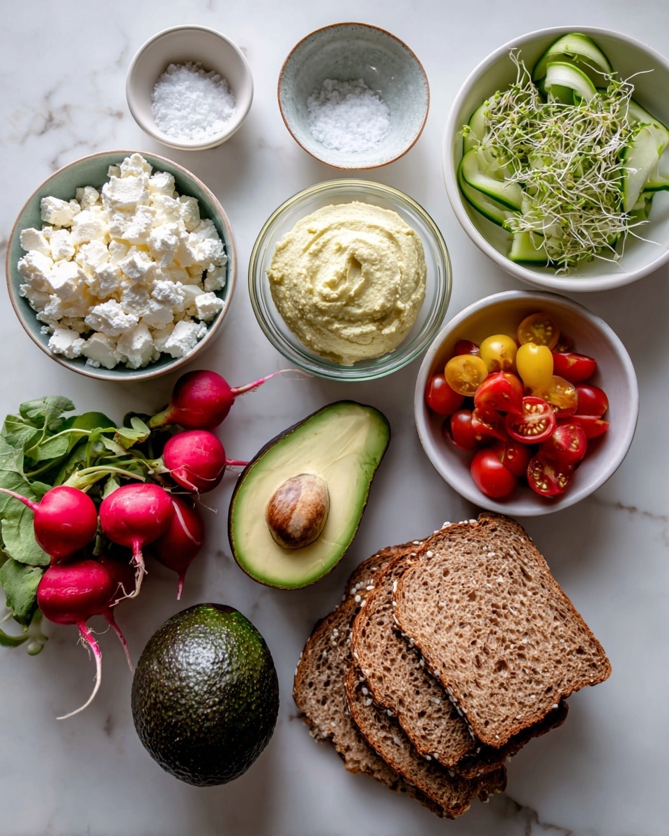 The image shows ingredients for a fresh sandwich arranged neatly on a white marbled surface. There are four slices of brown seeded bread stacked at the bottom right. Above them is a whole dark green avocado with a rough texture. To the left is a small bunch of bright red radishes with green leaves. Near the center is a clear bowl filled with smooth, pale yellow hummus. Above it, a white bowl holds crumbly white feta cheese. Next to the cheese, thin green cucumber ribbons curl inside another white bowl. On the right side, a small white bowl contains light green sprouts. Above the hummus and radishes is a small white bowl with mixed red and yellow cherry tomatoes sliced in halves. At the top left, a white bowl has coarse flaky salt. The colors and textures create a fresh and healthy look. Photo taken with an iphone --ar 4:5 --v 7