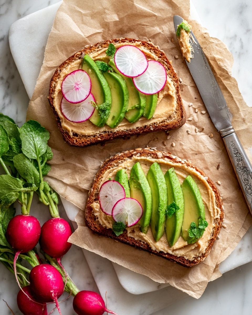 Two slices of toasted multigrain bread lay side by side on crumpled brown paper placed on a small white marble cutting board. Each slice is topped with a smooth, pale beige layer of hummus, followed by bright green, sliced avocado pieces fanned across the surface. On top of the avocado rests a neat row of thin, circular radish slices with white centers and pink edges. To the upper right side, a silver knife with a dollop of hummus lies on the white marbled surface, and a bunch of fresh radishes with green leaves sits in the lower left corner. The overall setting is clean and bright with a white marbled background. photo taken with an iphone --ar 4:5 --v 7