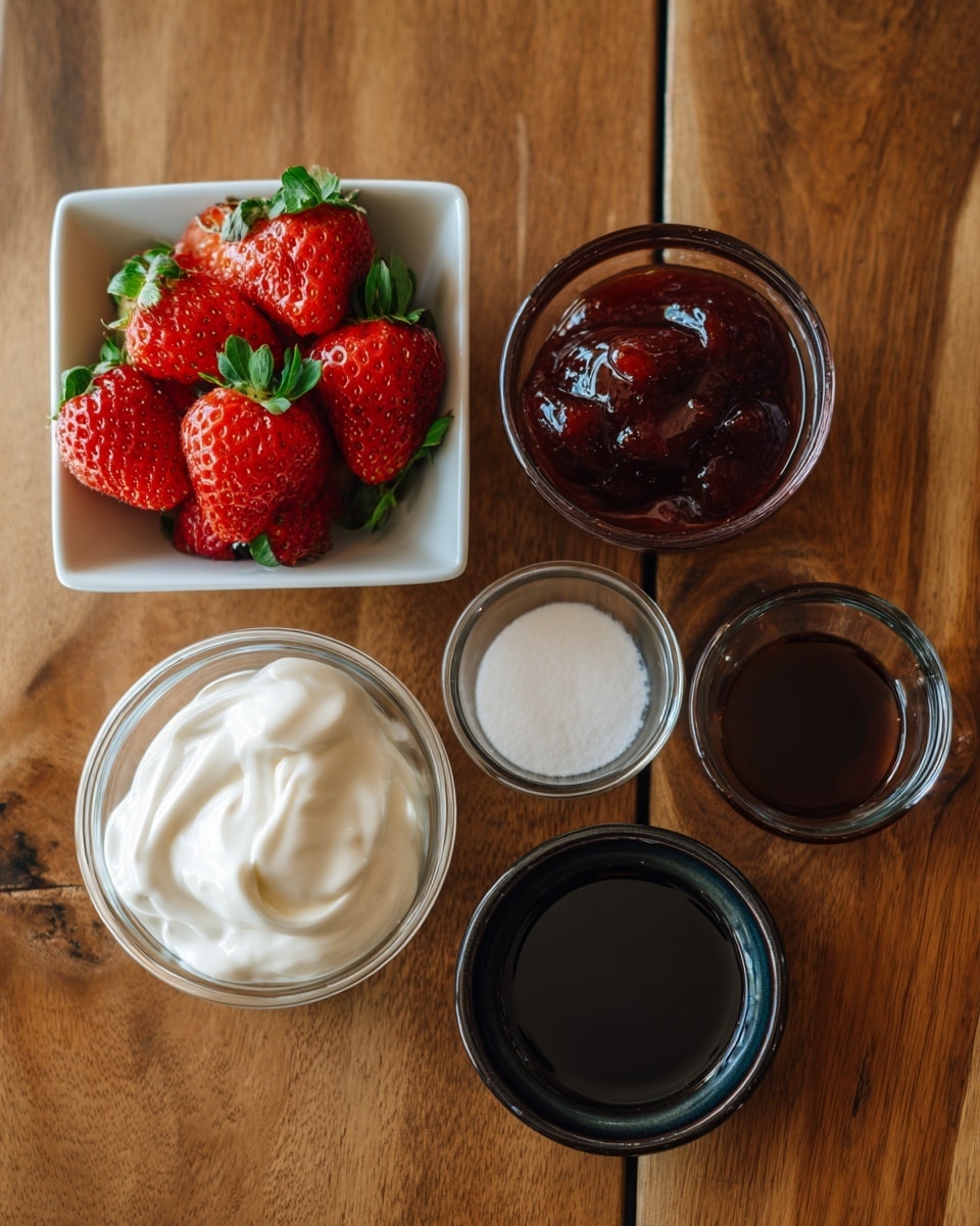 The image shows five small containers arranged on a wooden surface. On the top left, a square white dish holds bright red strawberries with green tops. To its right, a round clear glass bowl is filled with thick, shiny dark red strawberry jam. Below the strawberries, a round clear glass cup holds white heavy cream with a smooth texture. To the right of the cream, a small dark bowl contains white sweetener powder. Lastly, below the sweetener, another small dark bowl is filled with dark brown vanilla extract. The scene appears bright and simple with focus on the natural colors of the ingredients. Photo taken with an iphone --ar 4:5 --v 7