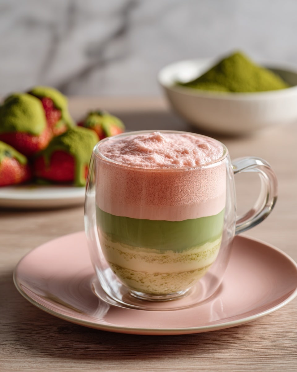A clear glass cup with a round shape and a handle sits on a pink plate on a wooden table. Inside the cup, there are three visible layers: a bottom layer of smooth green liquid, a thick middle layer of light foam with some bits in it, and a top layer of thick light pink cream that slightly overflows the cup's edge. In the blurred background, there is a white plate with green coated strawberries and a white bowl filled with green powder, all placed on a white marbled surface. Photo taken with an iphone --ar 4:5 --v 7