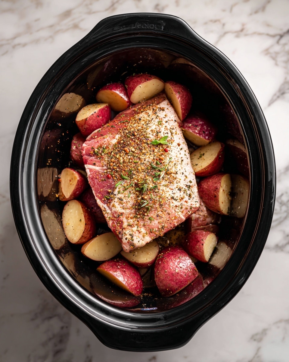 Inside a black slow cooker, there is one thick raw piece of meat placed in the center. Around the meat, there are several pieces of red-skinned potatoes cut into wedges, arranged closely along the edge of the cooker. The meat is sprinkled with a mix of small dry spices, adding specks of red, green, and brown on its pale pink surface. The cooker sits on a white marbled surface. photo taken with an iphone --ar 4:5 --v 7