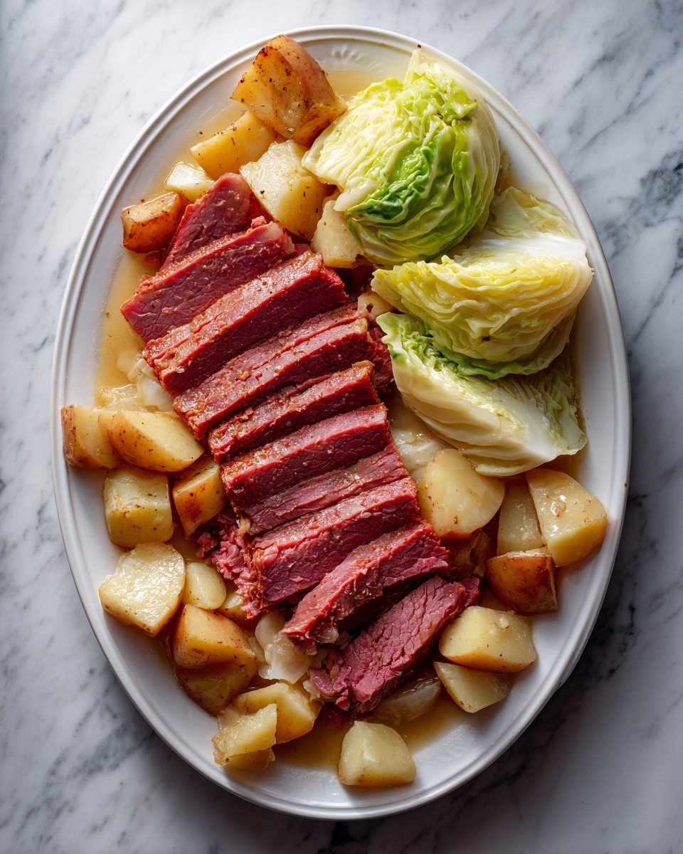 A large white oval plate holds a serving of sliced corned beef placed in the center, showing a reddish-pink color with visible grain and juices. Surrounding the corned beef are chunky, light brown potato pieces with a slightly soft texture. At the top right corner of the plate, two wedges of cabbage are placed, their pale green and yellow leaves slightly wilted and glossy. The plate is set on a white marbled texture surface. photo taken with an iphone --ar 4:5 --v 7