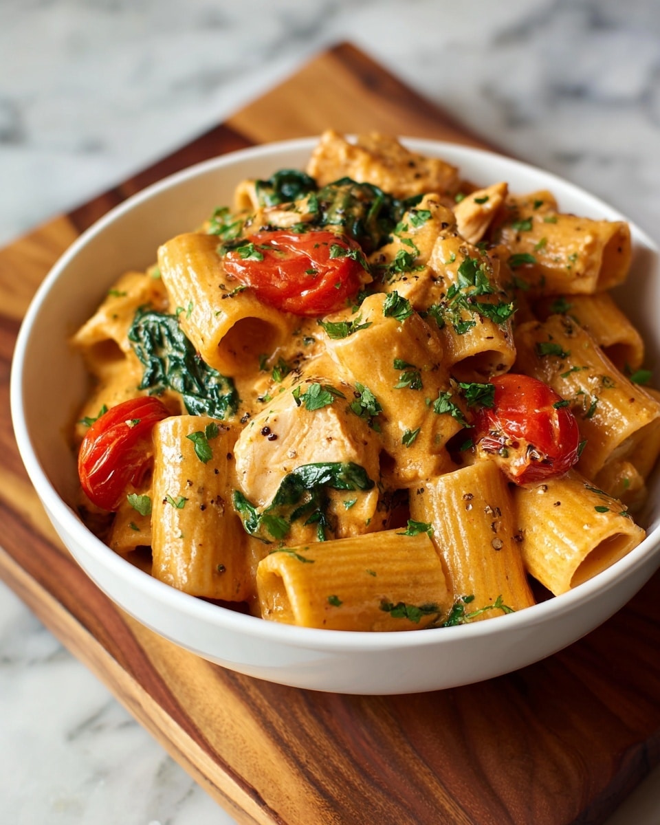 A white bowl filled with rigatoni pasta mixed in a creamy orange sauce. There are bright red cherry tomatoes and pieces of cooked chicken surrounded by green spinach leaves and sprinkled with chopped parsley. The bowl sits on a wooden board with a white marbled surface underneath. The pasta looks thick and covered evenly with sauce, giving a rich and smooth texture. photo taken with an iphone --ar 4:5 --v 7