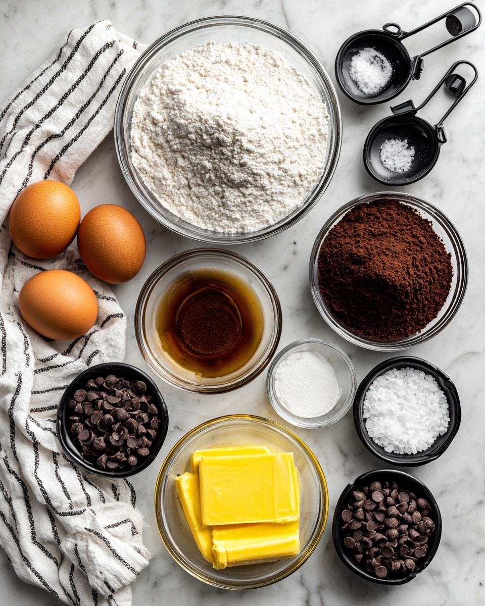 The image shows several clear glass bowls and black measuring cups arranged neatly on a white marbled surface. There are two brown eggs resting on a white cloth with thin black stripes on the left side. Above the eggs are two black measuring spoons filled with baking powder and salt. In the center top is a medium clear glass bowl filled with white all-purpose flour, and to its right is a smaller clear bowl filled with dark brown unsweetened cocoa powder. Below the flour bowl is a small clear glass bowl with light brown vanilla extract. Below that is a medium clear glass bowl holding yellow melted butter. On the right side, two black measuring cups are filled with white granulated sugar and near the bottom right is another black measuring cup filled with dark mini chocolate chips. All items are labeled clearly with white tags showing their contents. Photo taken with an iphone --ar 4:5 --v 7