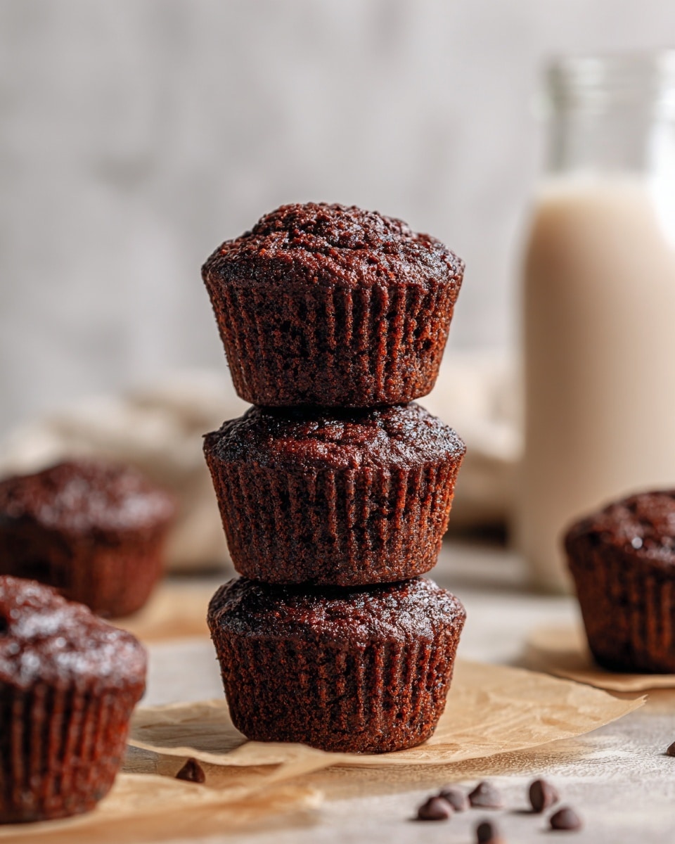 A stack of three small chocolate muffins is shown in the center, each muffin dark brown with a slightly rough texture and small chocolate specks, placed one on top of the other. Surrounding the stack are more similar muffins scattered on light brown parchment paper, all resting on a wooden surface. In the blurred background to the right, a glass bottle with a light-colored drink is partially visible. The overall setup is against a white marbled texture background. photo taken with an iphone --ar 4:5 --v 7
