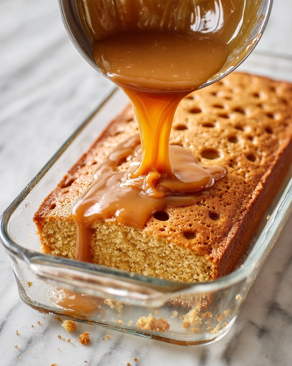 A golden brown cake with many small holes all over its surface sits in a clear glass rectangular dish. Thick, smooth light brown caramel sauce is being poured over the cake from a shiny metal bowl, filling some of the holes and spreading on top. The cake looks soft and moist with crumbs around edges, and the dish is placed on a white marbled surface. photo taken with an iphone --ar 4:5 --v 7