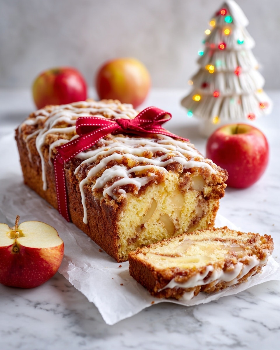 A loaf cake with two visible layers is placed on white parchment paper on a white marbled surface; the top layer is brown with a rough, crumbly texture and a light drizzle of icing, while the bottom layer is light yellow with scattered dark spots inside showing fruit or nuts; the cake is wrapped with a bright red ribbon tied in a bow around the middle; on the left side, there are four small apples in shades of red, yellow, and green resting on a white cloth, while on the top right corner, part of a white ceramic tree with colorful lights is visible; photo taken with an iphone --ar 4:5 --v 7