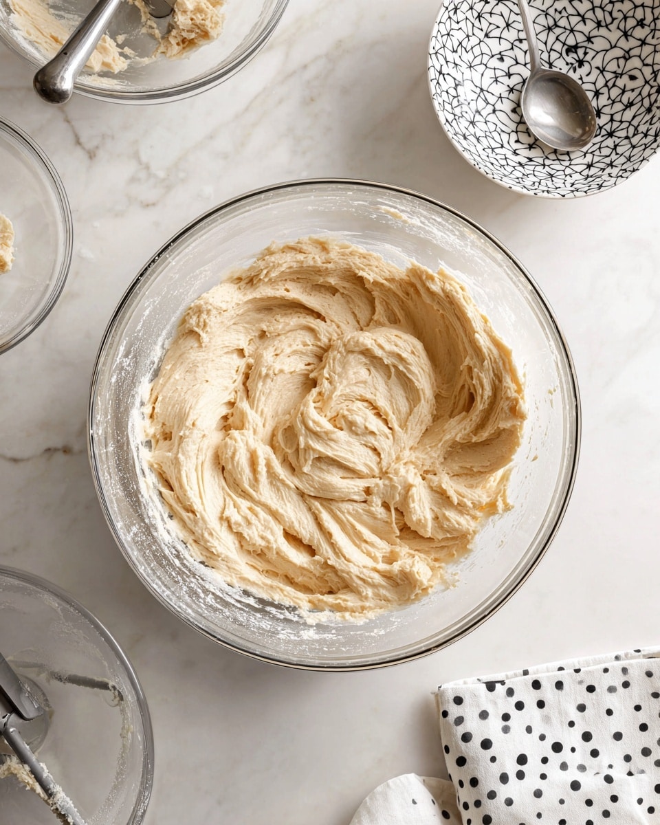 A large clear glass bowl sits on a white marbled surface filled with light beige, creamy dough that has a smooth and thick texture with soft peaks and folds. The dough spreads evenly inside the bowl, showing some flour dust along the inner edges. Above the bowl, a metal mixer blade is partially buried in the dough, indicating mixing. To the top right, there is a small white bowl with a black geometric pattern holding a silver spoon, and to the top left, part of another clear glass bowl is visible with some more dough. A white cloth with small black polka dots is placed to the bottom right corner. Photo taken with an iphone --ar 4:5 --v 7