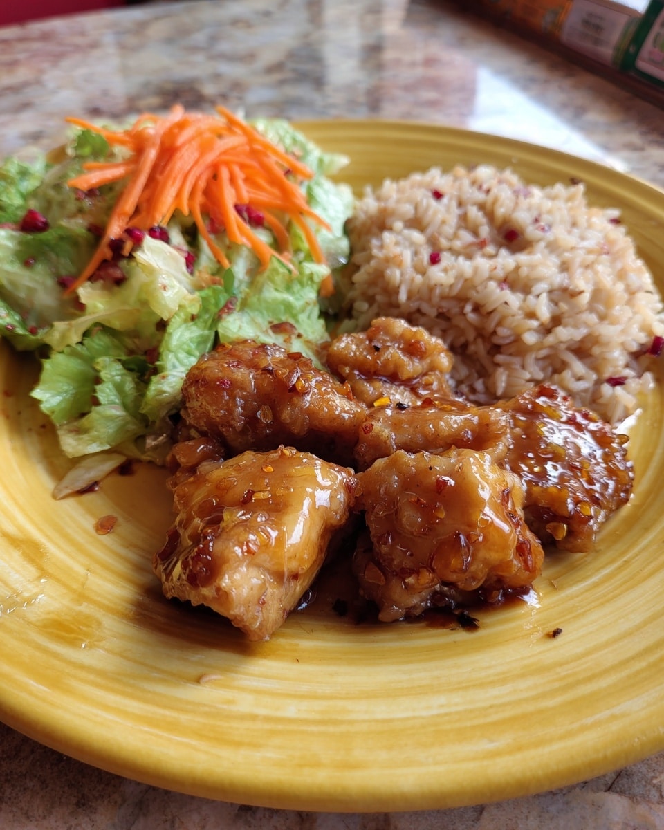 A plate with three main parts: on the right, brown cooked chicken pieces covered in a shiny sauce with visible spices; in the back, light brown rice with some red bits mixed in; on the left, fresh lettuce and carrot strips mixed for salad. All food is arranged on a textured yellow plate sitting on a white marbled surface. Photo taken with an iphone --ar 4:5 --v 7