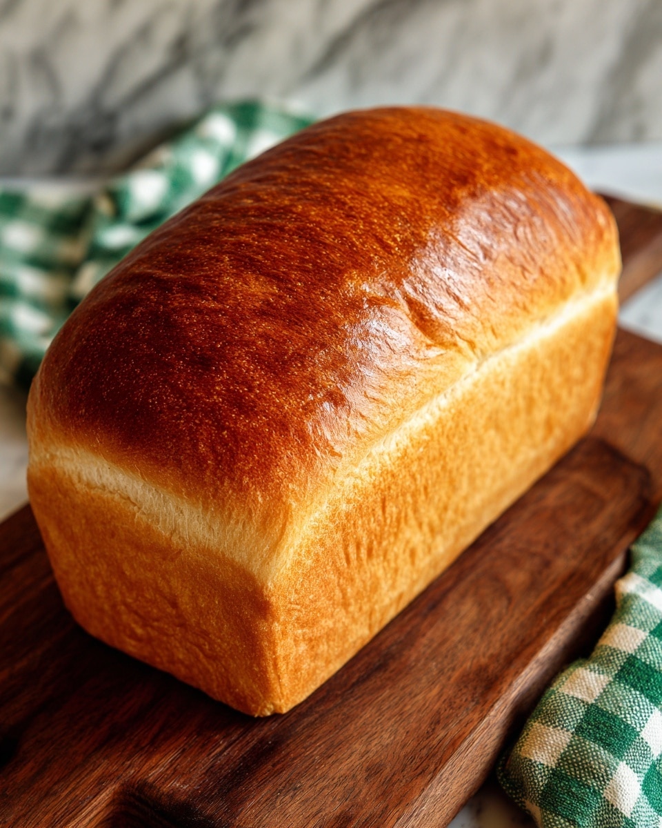 A single loaf of bread with a smooth, golden-brown crust sits on a dark wooden board. The loaf has a slightly rounded top with an even, shiny texture, showing a light to medium brown color. The background features a white marbled surface and a part of a green and white checkered cloth can be seen beside the board. Photo taken with an iphone --ar 4:5 --v 7