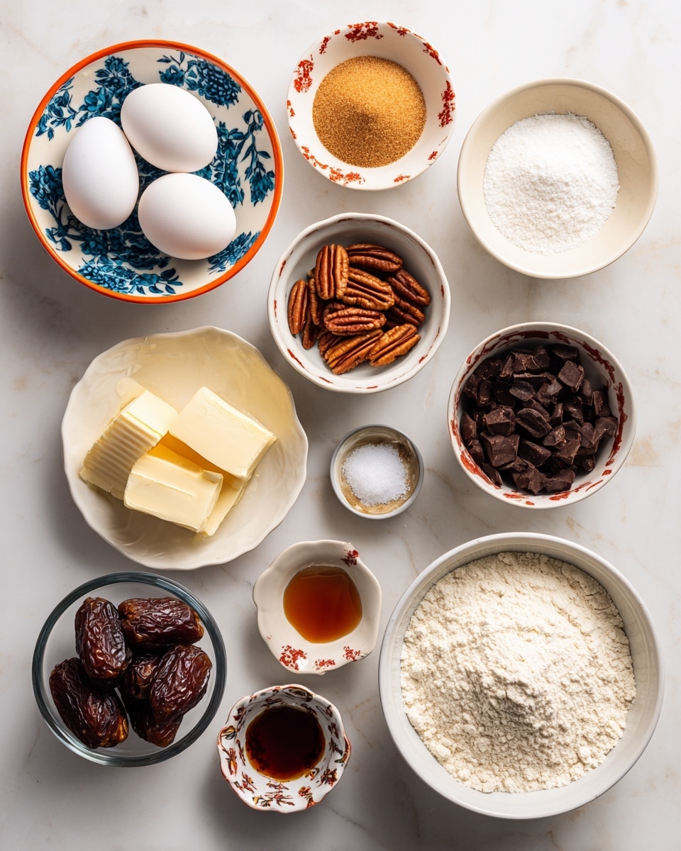 The image shows a flat lay with 11 small bowls, each filled with a different ingredient on a white marbled surface. There are two white eggs in a white bowl with blue floral patterns and an orange rim at the top left. Next to it is a plain white bowl with light brown sugar, followed by a small white bowl with dark brown pecans. Below the pecans is a clear glass bowl filled with dark chocolate chips. In the center is a small white bowl with rectangular pieces of pale yellow unsalted butter. To the left of the butter is a small bowl with dark brown vanilla extract. Below that is a small white bowl with white granulated sugar. Next to the sugar is a small bowl with very dark brown pitted dates. Above the sugar bowl is a small bowl of clear boiling water. Near the center right is a small bowl with salt, white with red floral patterns, and beside it a small cinnamon container. At the bottom right is a large white bowl filled with light, powdery all-purpose flour. photo taken with an iphone --ar 4:5 --v 7