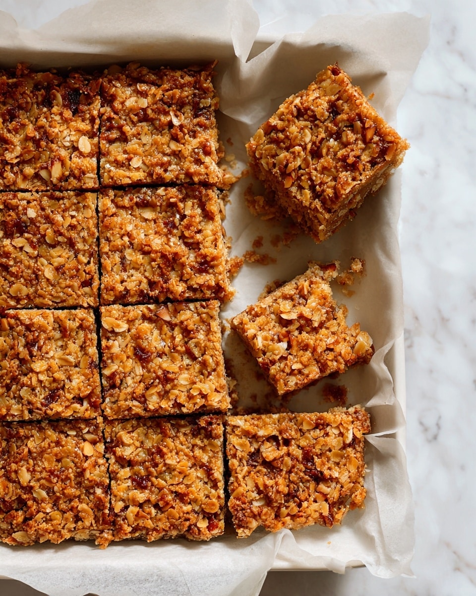 The image shows a large rectangle of baked dessert bars in a white tray lined with parchment paper. The bars have a rough, crumbly top layer with a golden brown color mixed with darker spots, showing a crunchy texture and bits of nuts or oats. A few square pieces have been removed from the corner, revealing the thick, consistent inside with the same golden brown crumbly texture, and the parchment paper underneath is clean where the pieces were taken out. The tray sits on a white marbled surface. photo taken with an iphone --ar 4:5 --v 7