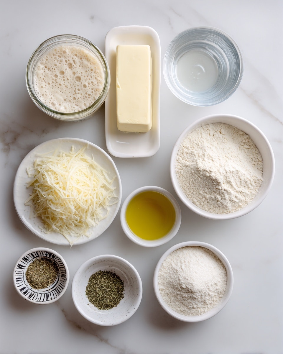 The image shows several ingredients placed neatly on a white marbled surface. Starting from the top left there is a clear jar full of bubbly, pale sourdough starter. Below it on a small white plate, there is a rectangular block of light yellow unsalted butter. To the right of the jar, a clear glass jar filled with water is visible. Next to the butter, a white bowl holds a heap of grated pale yellow parmesan cheese. To the right of the cheese, a white bowl is filled with light off-white all-purpose flour finely piled up. Below the flour, a small white bowl contains golden oil. Two small bowls are placed between the cheese and oil: one with dark green dried basil and oregano, and the other with light tan garlic powder. A small white bowl with a black and white pattern holds coarse white salt. The items are arranged in a balanced and organized way, all visible from a top-down view. Photo taken with an iphone --ar 4:5 --v 7