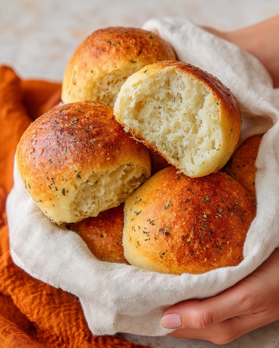 A bunch of golden brown baked bread rolls with a soft, fluffy inside texture are held wrapped in a white cloth by two woman's hands. The rolls have a slightly crispy, toasted outer layer with bits of herbs visible on the surface, and one roll is shown broken open revealing the airy, light interior. The background is a white marbled texture covered with an orange cloth partially visible. photo taken with an iphone --ar 4:5 --v 7