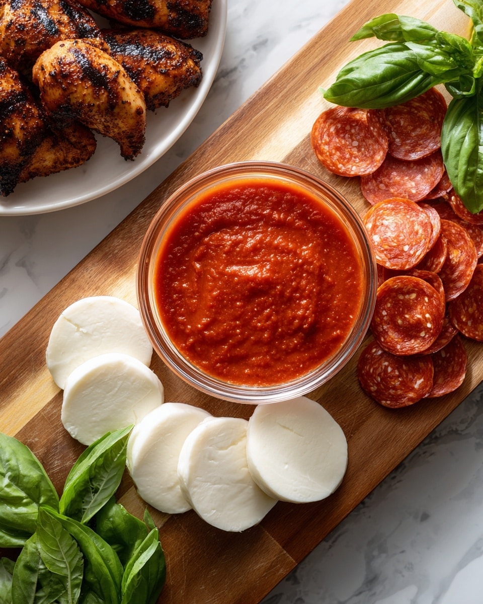 A wooden board on a white marbled surface displays several ingredients: a small glass bowl filled with thick, bright red tomato sauce sits near the top center; next to it is a stack of thinly sliced round pepperoni pieces arranged in a neat line on the right side. Below the bowl and pepperoni, there are fresh green basil leaves with a glossy texture placed on the bottom left of the board. Next to the basil, there are several smooth, white slices of mozzarella cheese lined up in a gentle curve along the lower middle section of the board. To the left of the board, on a white plate partly visible, are three grilled chicken pieces with marked brown grill lines and a lightly browned surface. The background is a clean white marbled texture. photo taken with an iphone --ar 4:5 --v 7