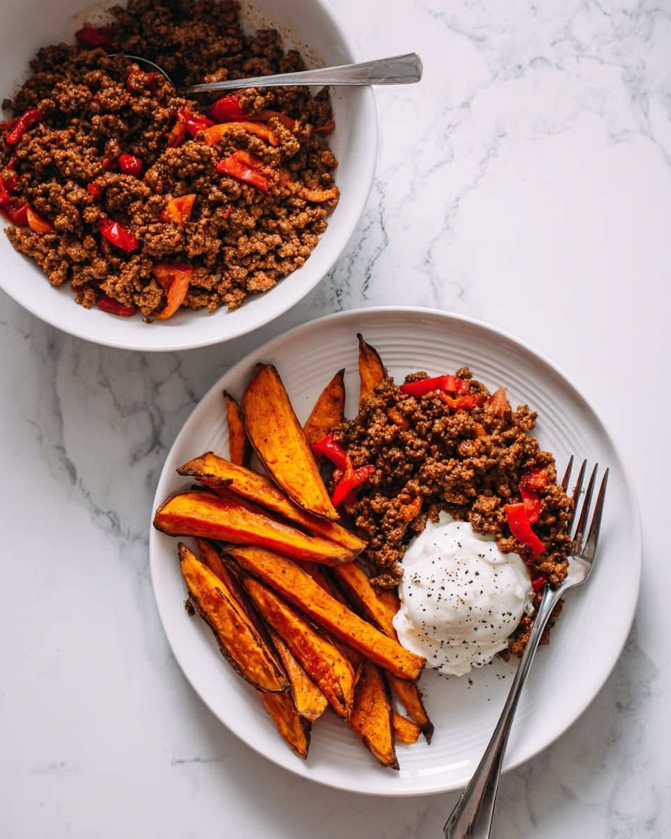 The image shows a white plate with two main parts: on the left side, there are golden-brown sweet potato fries, slightly charred on the edges and stacked in a neat pile; on the right side, there is a thick layer of cooked ground meat mixed with small red bell pepper pieces and sauce, topped with a small dollop of white cream or sour cream sprinkled with black pepper, with a silver fork resting on the bottom right edge of the plate. Above and to the right are parts of another white plate with the same meat mixture and cream, and a white bowl filled with more of the meat mixture with visible chunks of red pepper, all set against a white marbled background. Photo taken with an iphone --ar 4:5 --v 7