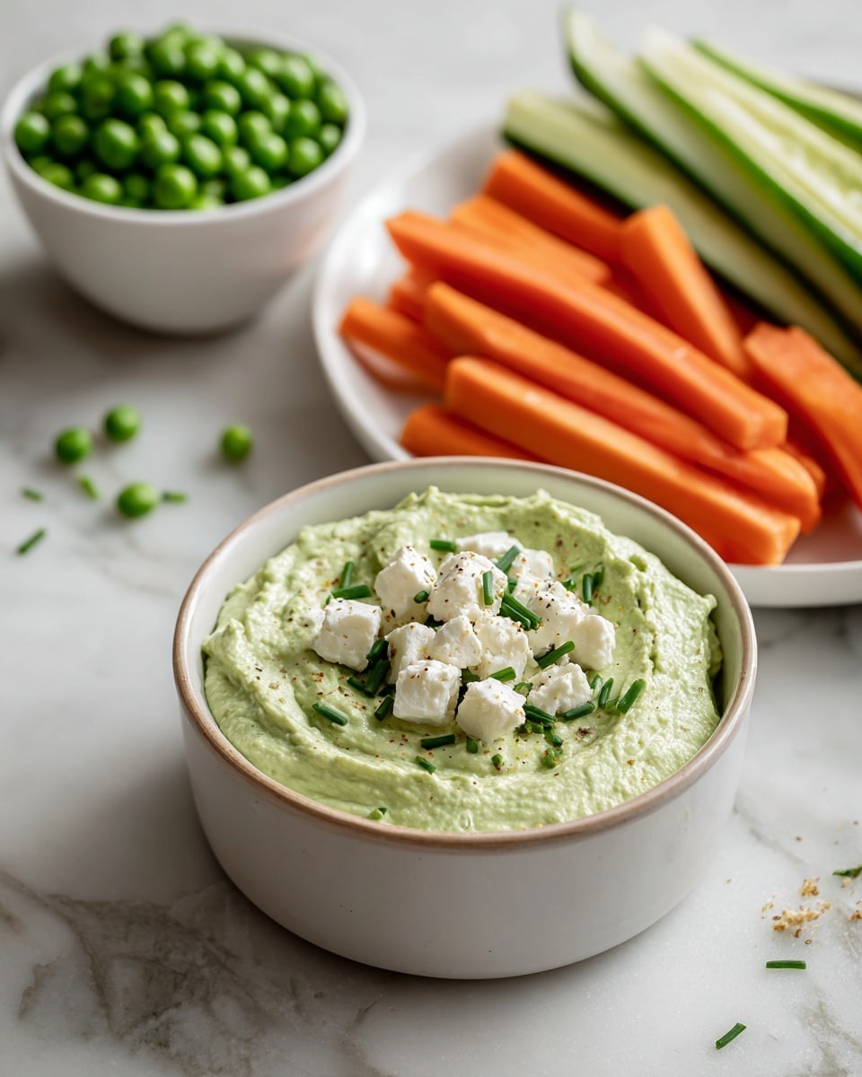 A white bowl on a white marbled surface holds a smooth, light green dip topped with small chunks of white cheese and chopped dark green chives scattered across the surface. Behind it, there is a white plate with long, thick, bright orange carrot sticks and green cucumber sticks arranged side by side. To the left, a white bowl filled with round green peas adds more color to the scene. The overall setting is clean and bright, with small bits of cheese and herbs gently scattered on the surface. Photo taken with an iphone --ar 4:5 --v 7