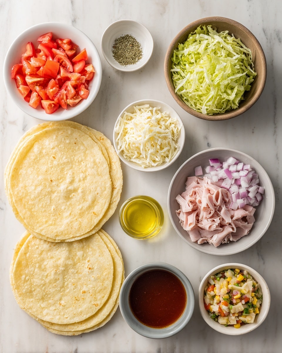 The image shows ingredients neatly arranged on a white marbled surface, centered around two large, round, light yellow tortillas lying flat. On the top left is a white bowl filled with diced bright red tomatoes. Next to it, on the top right, a brown bowl holds light and dark green shredded lettuce. Below the tomatoes, a small white dish contains a mix of dried herbs. Near the center is a white bowl with chopped white cheese with a slightly creamy texture. To its right, a small white bowl holds a clear golden liquid, likely olive oil. Below the oil is a small white bowl with a deep red sauce. To the right of the sauce, a gray bowl is filled with pale pink sliced deli meat. Below the meat, a small white bowl contains pink and white chopped onions. Lastly, the bottom right white bowl holds a chunky mix of colorful vegetables in a yellowish sauce. The photo is taken with an iphone --ar 4:5 --v 7