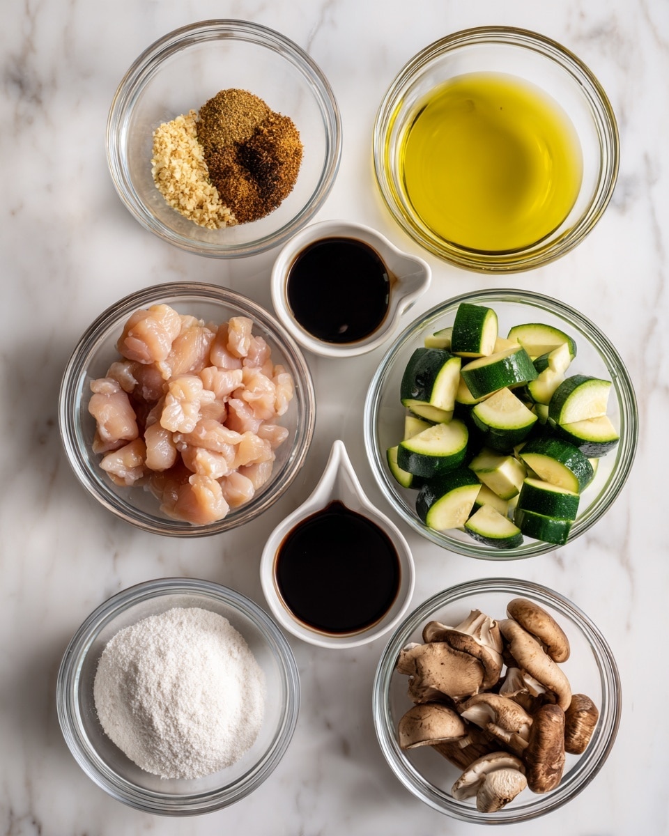 The image shows seven clear glass bowls arranged on a white marbled surface. The top row has three bowls: the left bowl contains a small mix of finely chopped garlic and ground spices in light brown and pale yellow; the middle bowl has a bright yellow oil; the right bowl is filled with chopped zucchini, light green with dark green skin. Below these, on the left, a bowl contains small chunks of raw light pink chicken. To the right of that is a bowl with brown chopped mushrooms. In the middle, between the two bottom bowls, is a white measuring cup filled with dark brown soy sauce. To the left of the measuring cup is a small bowl of white cornstarch powder. Each ingredient is neatly placed in its own container, clearly separated and labeled. photo taken with an iphone --ar 4:5 --v 7