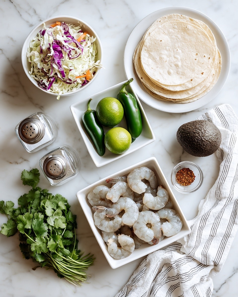 The image shows raw shrimp in a white bowl at the bottom right, with their pale grayish-white shells and pink tails visible. Above it, there is a square white bowl holding two green jalapeños, two limes, and one dark brown avocado. To the top right, a stack of pale yellow corn tortillas is placed on a white plate. On the top left, a white bowl contains a colorful mix of shredded cabbage with white, purple, and orange pieces. Next to it, there are two glass shakers with salt and pepper, and nearby, a small clear dish holds red and brown spices. A small bunch of green fresh cilantro lies on the left side near a white cloth with black stripes. The whole scene is laid out on a white marbled surface. Photo taken with an iphone --ar 4:5 --v 7