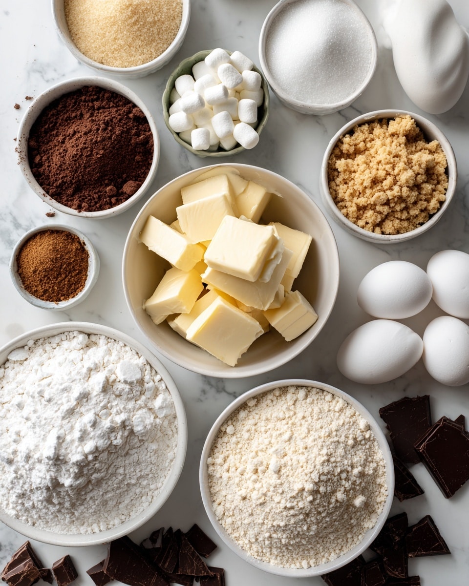 The image shows multiple small white bowls arranged on a white marbled surface, each filled with different baking ingredients. There are pale yellow butter pieces in a central bowl, surrounded by smaller bowls containing white sugar, light brown sugar, cocoa powder, salt, vanilla extract, and mini white marshmallows. Some bowls hold dry ingredients like flour and graham cracker crumbs with textures that vary from powdery to crumbly. There are also three white eggs placed near the top right, and a few scattered pieces of chopped chocolate near the bottom left. The overall setup is neat, with each ingredient clearly visible and separated. Photo taken with an iphone --ar 4:5 --v 7