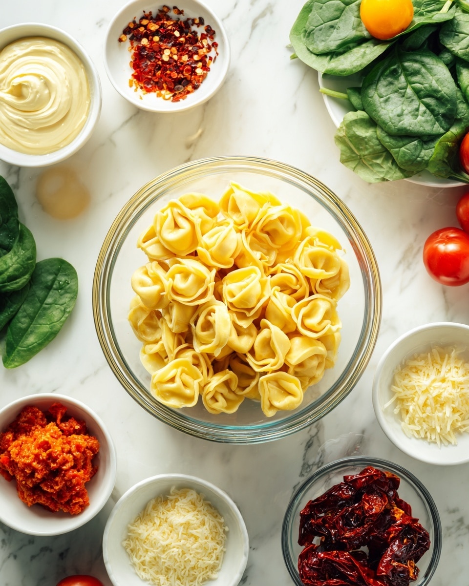 A clear glass bowl filled with yellow tortellini sits at the center on a white marbled surface, surrounded by small white bowls holding white creamy cheese, light yellow mayonnaise, finely grated pale yellow cheese, bright red crushed chili flakes with a dollop of yellow paste, dark red sun-dried tomatoes in oil, and orange-red sweet chili sauce. Fresh, bright red cherry tomatoes and fresh green spinach leaves are scattered around the bowls, creating a colorful and fresh presentation, photo taken with an iphone --ar 4:5 --v 7