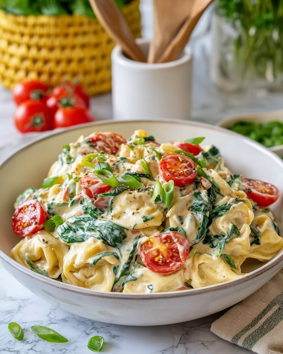 The dish is served in a white bowl and shows a creamy pasta salad with about three layers visible. The base layer has light yellow tortellini pasta coated in a thick, creamy white sauce. Mixed throughout are small pieces of green spinach leaves adding vibrant color on the pasta. On top, there are bright red cherry tomato halves scattered around, giving pops of color. Thin green onion slices are sprinkled all over, adding texture and freshness. The background has a white marbled texture with extra cherry tomatoes in the foreground, and there’s a blurred white container with wooden utensils and a yellow woven basket with green herbs behind the bowl. Photo taken with an iphone --ar 4:5 --v 7