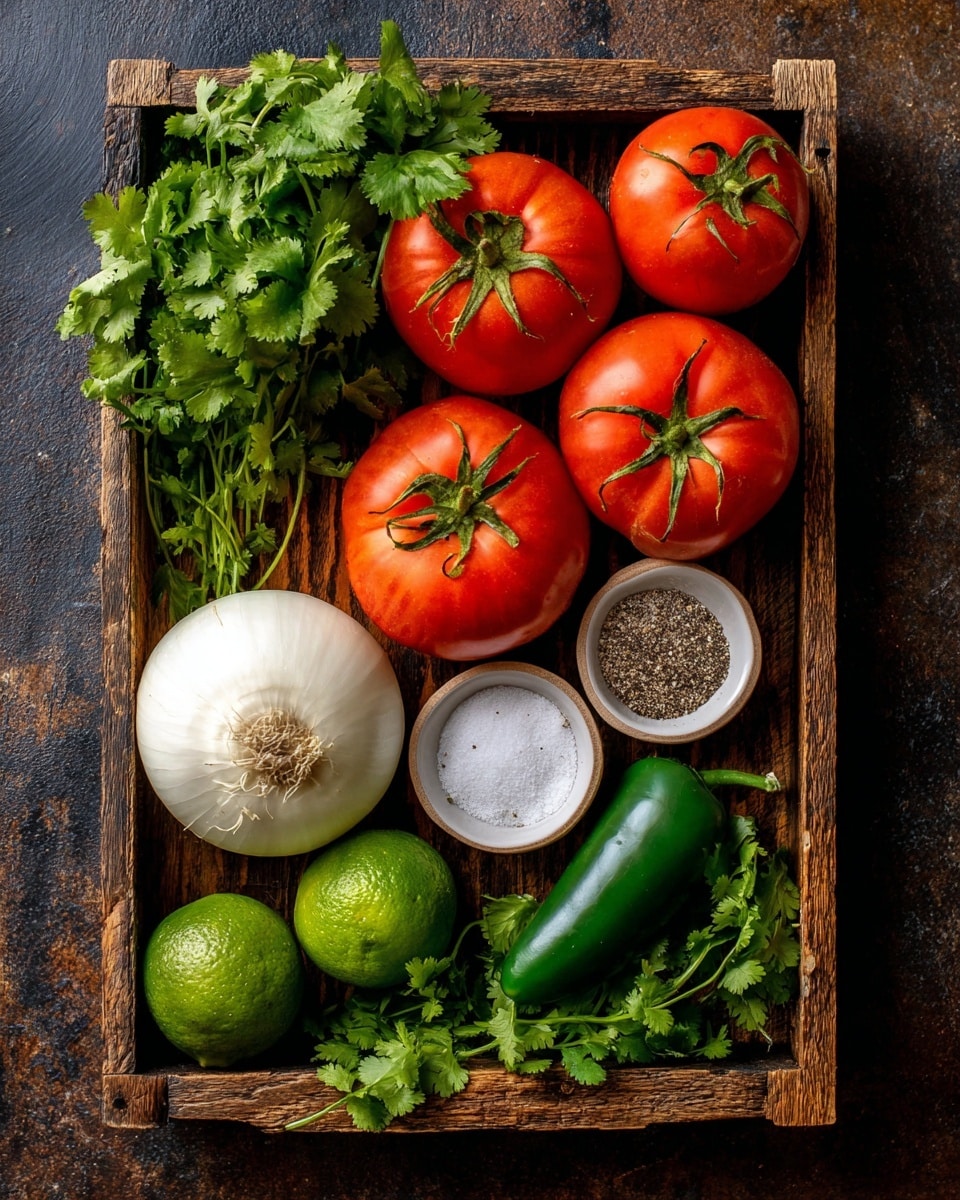 A rustic wooden tray holds six bright red tomatoes with green stems grouped on the left side, next to a large white onion and three shiny green limes. Fresh green cilantro leaves fill the edges of the tray, with one green jalapeño pepper resting on top of the cilantro at the bottom right. Two small white bowls in the center contain coarse white salt and ground black pepper, adding a simple contrast to the natural colors. The tray is set on a dark textured surface. photo taken with an iphone --ar 4:5 --v 7