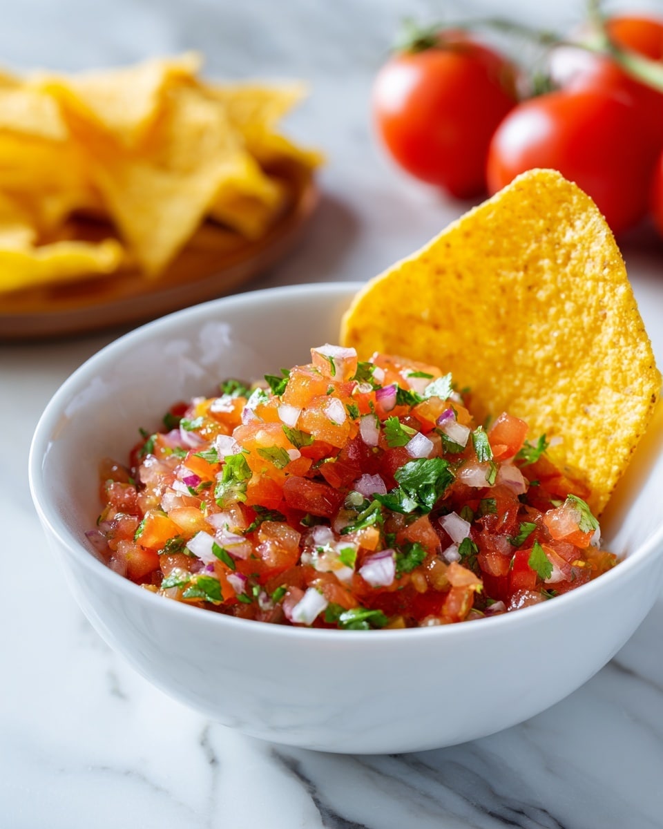 A white bowl filled with two main layers, the bottom layer is a mix of finely chopped red tomatoes, white onions, and green cilantro, creating a fresh and colorful base. On top, a large, textured yellow corn chip is standing upright on the right side of the bowl. Behind the bowl, there are blurred red tomatoes and yellow corn chips. The bowl is placed on a white marbled surface. photo taken with an iphone --ar 4:5 --v 7