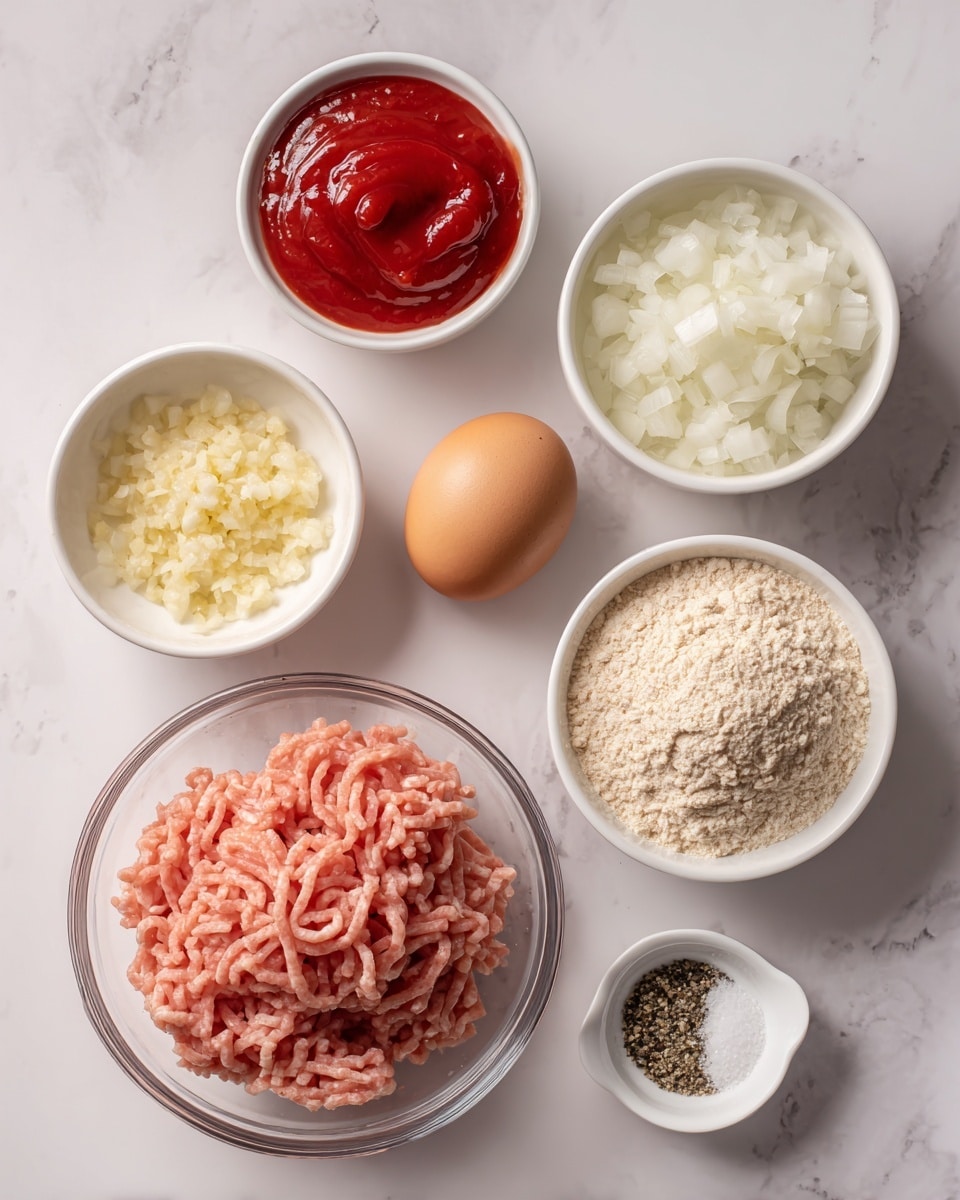 The image shows seven different ingredients placed on a white marbled surface. In the center bottom, a clear glass bowl holds a layer of pinkish ground meat with a soft, stringy texture and coiled shape. Above the bowl is a single brown egg with a smooth shell. To the left of the egg is a white bowl filled with finely chopped white onion pieces. To the top left, a white bowl contains bright red ketchup with a shiny, thick texture. Above the egg is a small clear glass bowl of light yellow minced garlic. To the right of the egg, a white bowl holds a light beige powdery almond flour with some larger clumps, while to its upper right, a small white dish contains black pepper and white salt side by side. Each ingredient is spaced out clearly, labeled with black text identifying them. Photo taken with an iphone --ar 4:5 --v 7