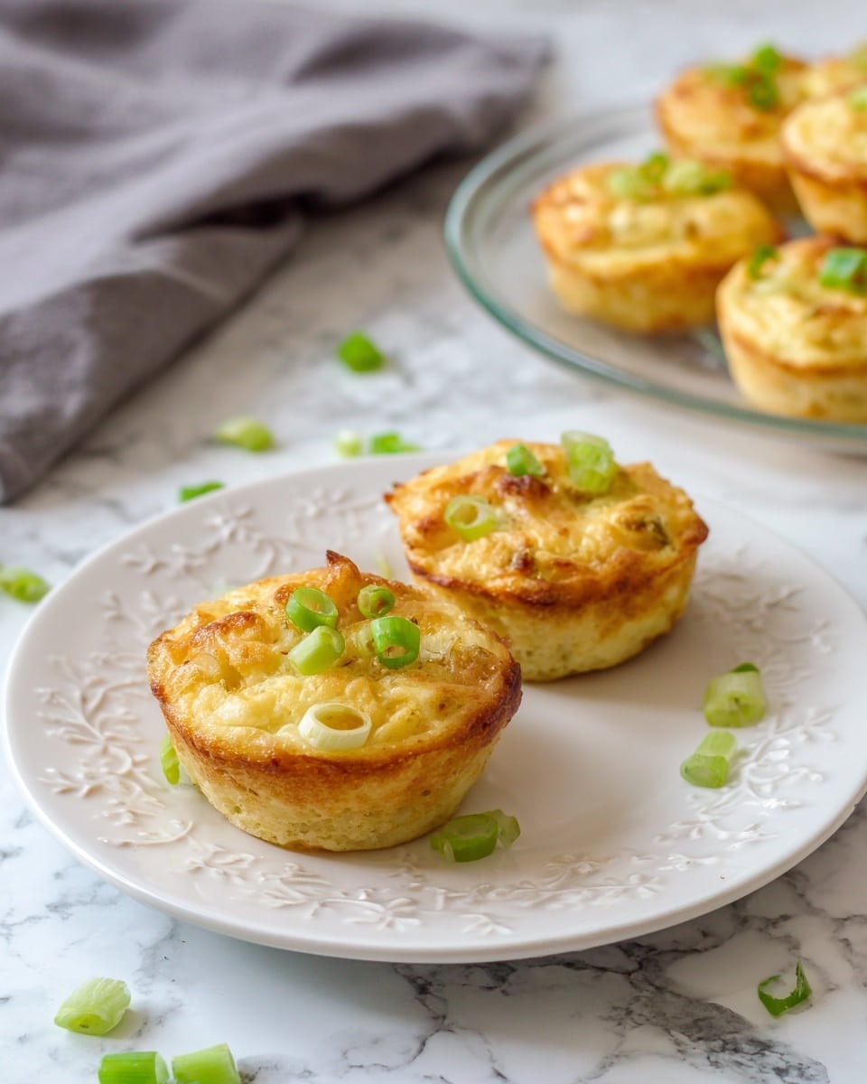 The image shows three small round savory muffins on a white plate with a subtle embossed floral pattern, each muffin having a light golden brown top with visible pieces of white onion and small green onion slices on top as garnish. The muffins have a slightly uneven texture and a light beige to golden color, indicating a baked appearance. In the background, there is a clear glass plate with more muffins of the same style arranged in a circular pattern. The surface beneath the plates and muffins is white marble, and there are scattered small green onion slices around, adding a touch of freshness. A gray cloth is partially visible in the top left corner of the image. Photo taken with an iphone --ar 4:5 --v 7