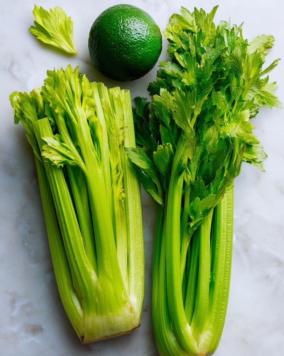 Two bunches of green celery stalks with leafy tops, placed side by side on a white marbled surface; one single dark green lime positioned above and between the celery bunches, along with a small celery leaf piece to the upper left. The celery displays a range of green shades from light to medium, showing the texture of the stalk ribs and leaves. The lime has a rough textured skin with a deep green color. Photo taken with an iphone --ar 4:5 --v 7