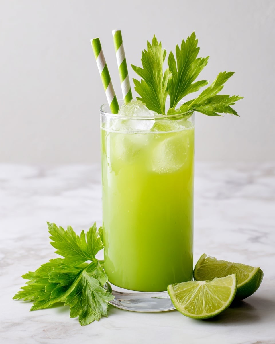 A tall clear glass filled with light green juice and ice cubes showing through the bottom half, topped with celery leaves sticking up from the glass and two white and green striped straws placed inside. The glass is on a white marbled surface with fresh celery leaves scattered on the left side and two lime wedges on the right side of the glass. The background is also white with soft lighting. photo taken with an iphone --ar 4:5 --v 7