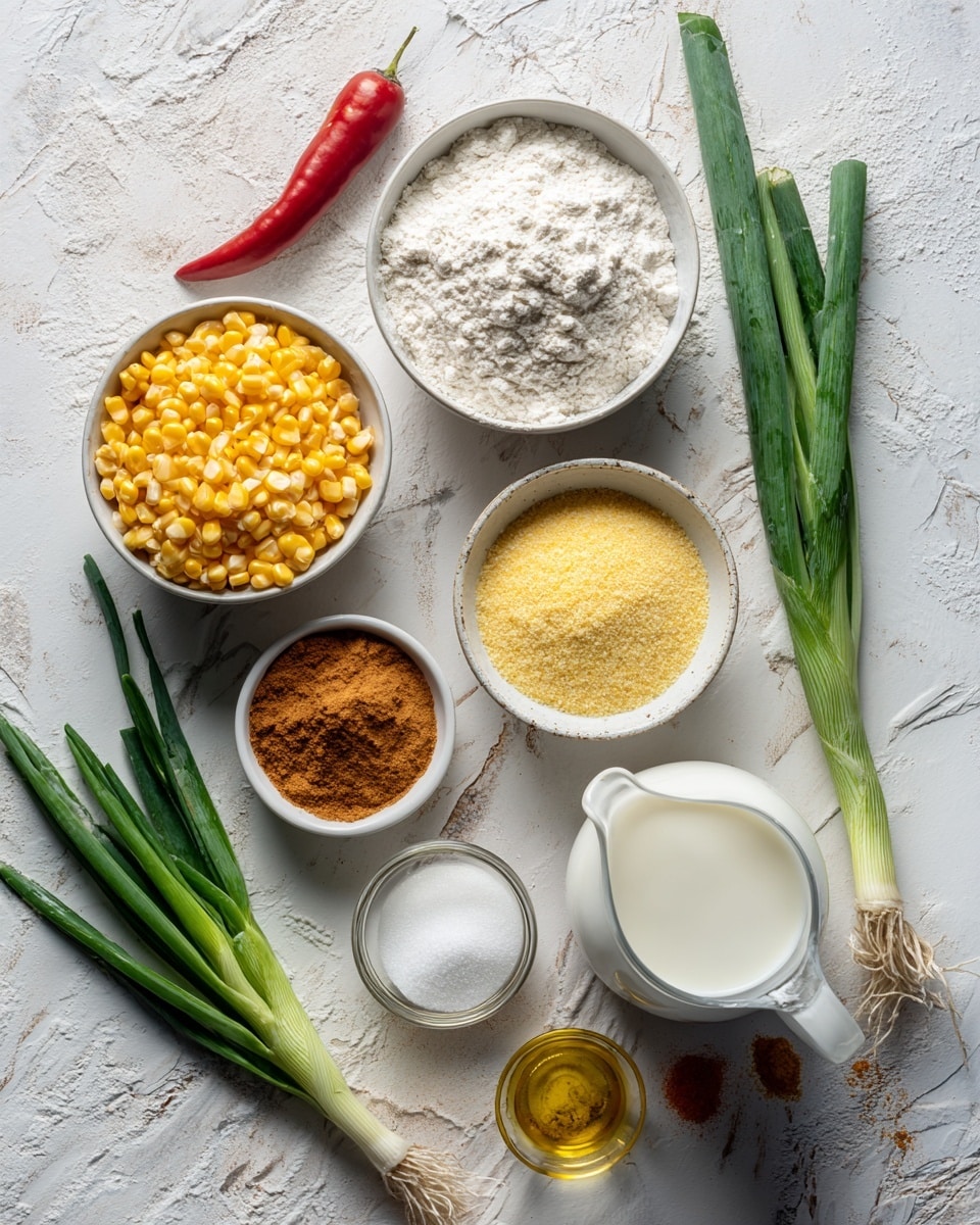 The image shows a flat lay of various cooking ingredients arranged neatly on a white marbled surface. There are three white bowls, one filled with plain white flour on the upper right, another with fine yellow cornmeal just below it, and a smaller bowl with golden yellow sweetcorn at the top left. Next to the sweetcorn is a bright red chili pepper. Below the chili, there are fresh green spring onions lying diagonally. A small white bowl holds brown coconut sugar, positioned near the bottom left. A clear glass cup with golden olive oil is placed near the center bottom, next to a small white container of white baking powder. To the right near the bottom is a white jug filled with light cream-colored dairy free milk. There are also small piles of ground turmeric, cumin, and garam masala spices in a small white bowl near the spring onions. The colors and textures of all the ingredients create a fresh and inviting cooking scene photo taken with an iphone --ar 4:5 --v 7