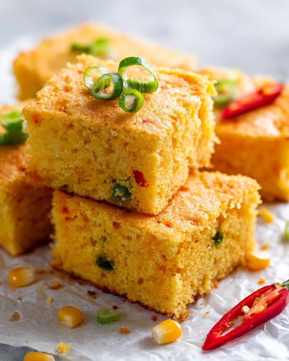 The image shows a close-up of thick, square pieces of golden cornbread with a slightly textured top crust. The cornbread is a warm yellow-orange color with small green and red bits inside that add a hint of color and texture. The pieces are placed on white parchment paper with some scattered corn kernels, green onion slices, and a single red chili slice nearby. The background is a white marbled surface giving a light and clean feel. photo taken with an iphone --ar 4:5 --v 7