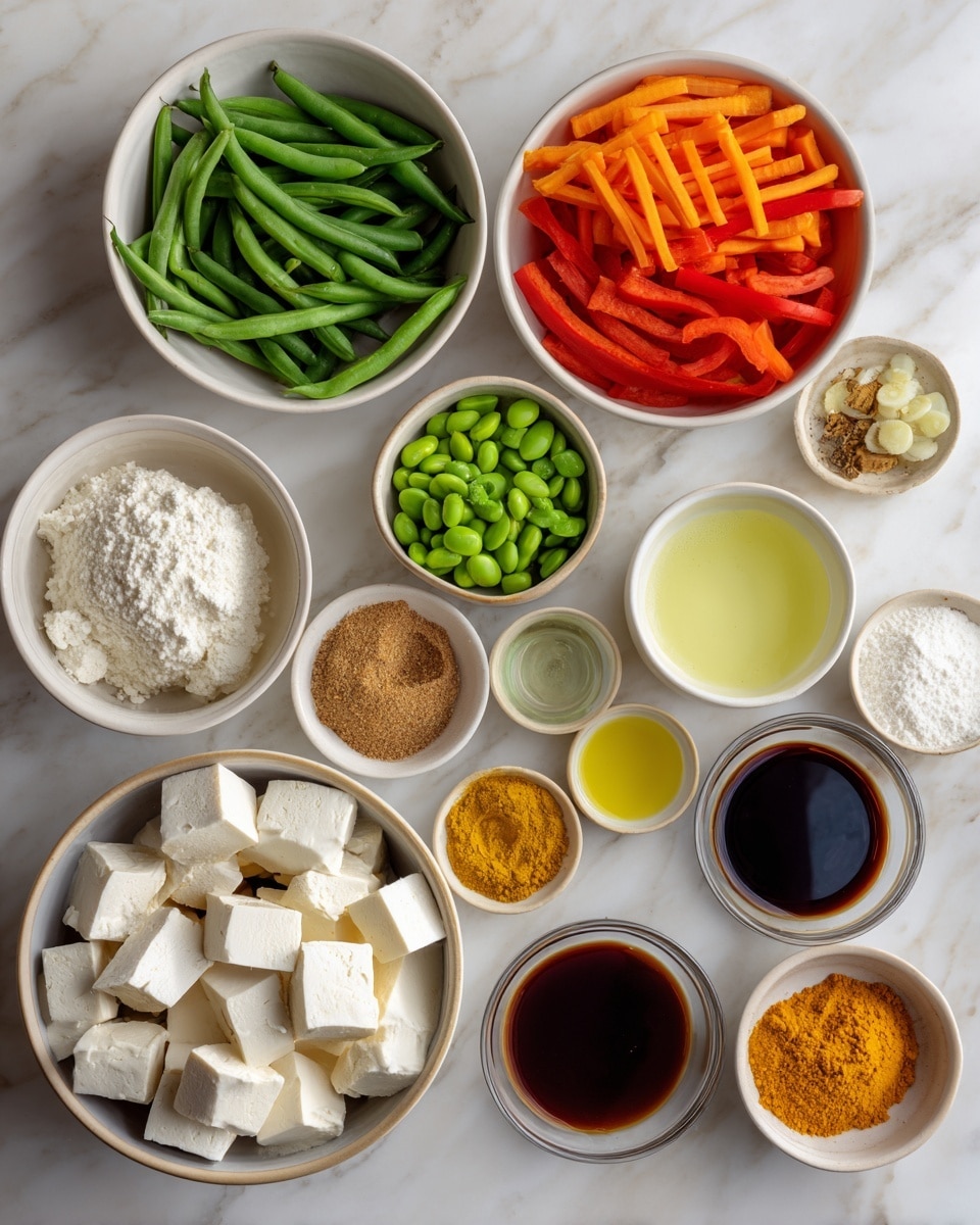 The image shows several white bowls arranged on a white marbled surface, each filled with different fresh ingredients for cooking. One bowl contains bright green trimmed green beans on one side and sliced orange carrots on the other side. Another bowl holds green edamame beans beside strips of red bell pepper. A large bowl is filled with white cubes of extra firm tofu. Smaller bowls display chopped spring onion, a pale yellow-green liquid labeled lemon juice, clear liquid labeled coconut oil, and a small pile of light brown coconut sugar. Another dish contains a mix of ground spices with colors including dark brown, golden yellow, and muted orange, identified as curry powder, turmeric, and 5 spice. There are also bowls with minced garlic and ginger, dark soy sauce, white cornflour mixed with water, creamy white coconut milk, and a light amber vegetable stock. Each bowl’s contents are clean and vibrant, creating a colorful and fresh ingredient layout photo taken with an iphone --ar 4:5 --v 7