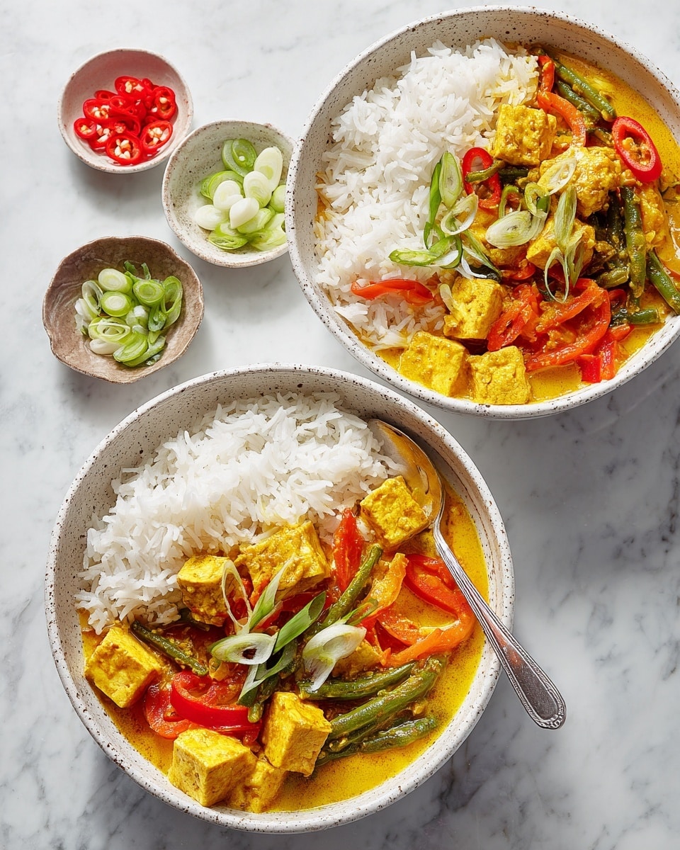 Two white speckled bowls sit on a white marbled surface, each filled with two main layers: plain white rice on one side and a yellow curry on the other. The curry contains bright orange bell pepper slices, green beans, and cubes of tofu covered in a smooth yellow sauce. Sliced red chili and white ringed green onions are scattered on top, adding pops of red and light green. A silver spoon rests in the front bowl near the curry layer. Small bowls of sliced red chili and green onion sit nearby. Photo taken with an iphone --ar 4:5 --v 7