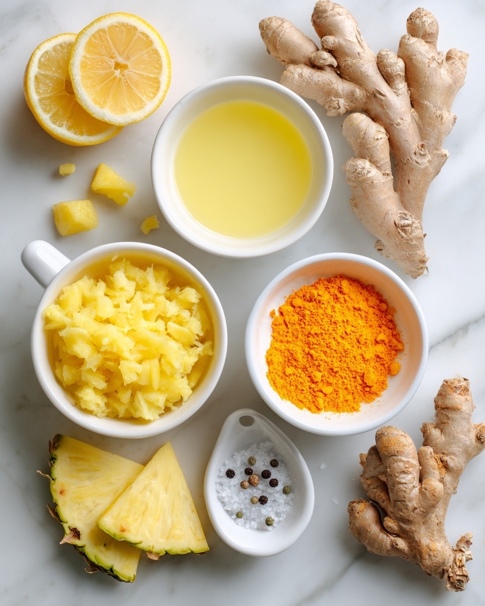 This image shows several white bowls and a measuring cup arranged on a white marbled surface. There is a cup filled with bright yellow pineapple chunks at the bottom left and a pineapple wedge next to it. Near the center is a white bowl with light yellow grated ginger, and to the right of it is another white bowl with bright orange grated turmeric. Above the ginger bowl is a white bowl with light yellow lemon juice, and to the right, another white bowl holds salt and black pepper. Fresh ginger root and fresh turmeric root roots are also placed on the surface. A half lemon slice is visible at the top left corner. Photo taken with an iphone --ar 4:5 --v 7