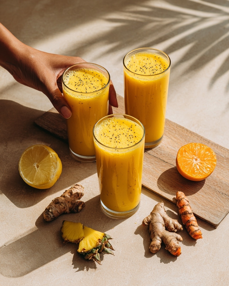 The image shows three clear glass shot glasses filled with bright yellow juice, each topped with small dark sprinkles. The glasses are set on a light wooden surface with a woman's hand holding one glass on the left side. Surrounding the glasses are fresh ingredients: a halved lemon at the top, a slice of pineapple on the right, a piece of ginger root with its cut side facing up on the bottom left, and two small turmeric roots on the bottom right. The background is changed to a white marbled texture. photo taken with an iphone --ar 4:5 --v 7