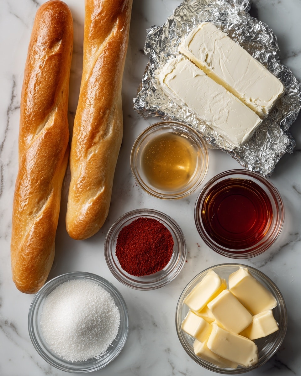The image shows a white marbled surface with ingredients neatly arranged. There are two long baguettes on the left side, golden brown with a crispy texture. To the right, there are two blocks of cream cheese on silver foil, soft and white. Below them, small glass bowls hold red seasoning powder, a smooth amber liquid, and a rich red sauce. In the lower middle, a glass bowl contains granulated white sugar, and next to it is another bowl with three pats of yellow butter. Everything is spaced clearly, showing the preparation for a baking recipe, photo taken with an iphone --ar 4:5 --v 7