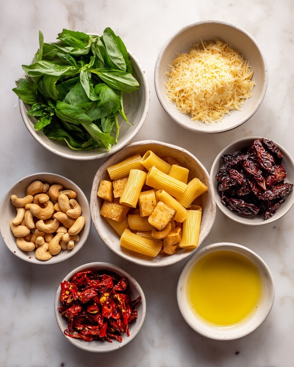 The image shows seven white bowls arranged on a white marbled surface with various ingredients in each. In the top left is a bowl full of fresh green basil leaves with a glossy texture. To the right is a bowl filled with fine, pale yellow grated cheese forming a soft mound. Next to it is a bowl containing a pile of light tan cashew nuts, smooth and curved. In the center is a bowl with golden brown spiced tofu cubes that have a slightly textured surface. Below that is a bowl with short tube-shaped rigatoni pasta, pale yellow and smooth. To the right is a bowl holding dark red dried tomatoes with a wrinkled, leathery texture. At the bottom left is a small bowl of red chili flakes with some whole dried chilies mixed in. Finally, at the bottom right is a bowl filled with golden yellow olive oil that has a shiny surface. All bowls are viewed from above. photo taken with an iphone --ar 4:5 --v 7
