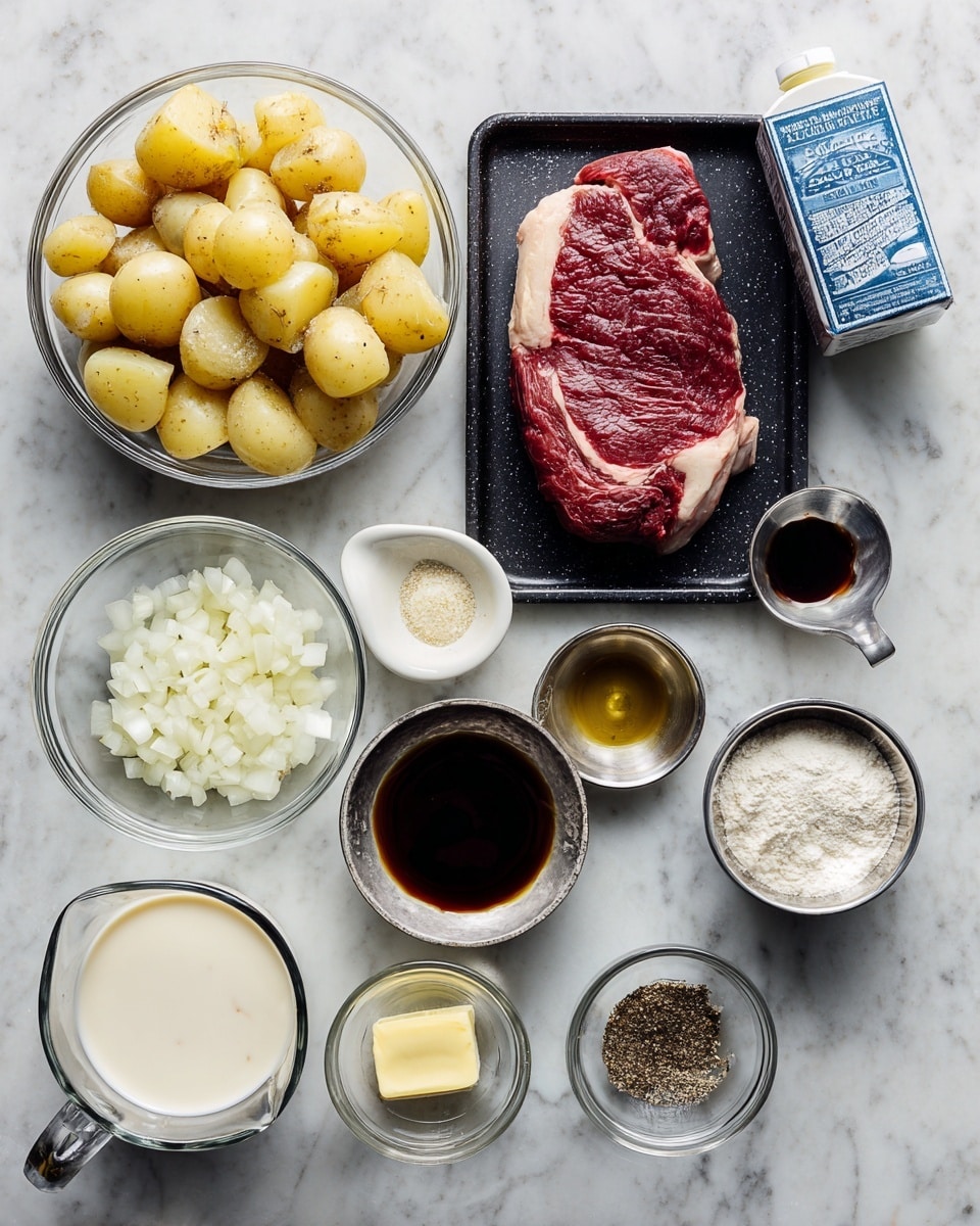 A white marbled surface holds an arrangement of cooking ingredients. On the top left is a glass bowl filled with peeled and chopped light yellow potatoes with bits of brown skin. Next to it on the right is a black foam tray with a single raw sirloin steak, deep red with marbling and fat around the edges. To the right is a blue and white carton of beef broth. Below, from left to right, are a small glass bowl of finely chopped white onion, a clear glass measuring cup filled with off-white heavy cream, a small silver bowl with dark brown Worcestershire sauce, another silver bowl holding a small dollop of pale yellow Dijon mustard, a silver bowl filled with white flour, a silver bowl with light yellow cooking oil, another silver bowl containing minced pale beige garlic, and the last small silver bowl has black pepper and salt seasoning. The items are neatly spaced on the white marbled surface. photo taken with an iphone --ar 4:5 --v 7