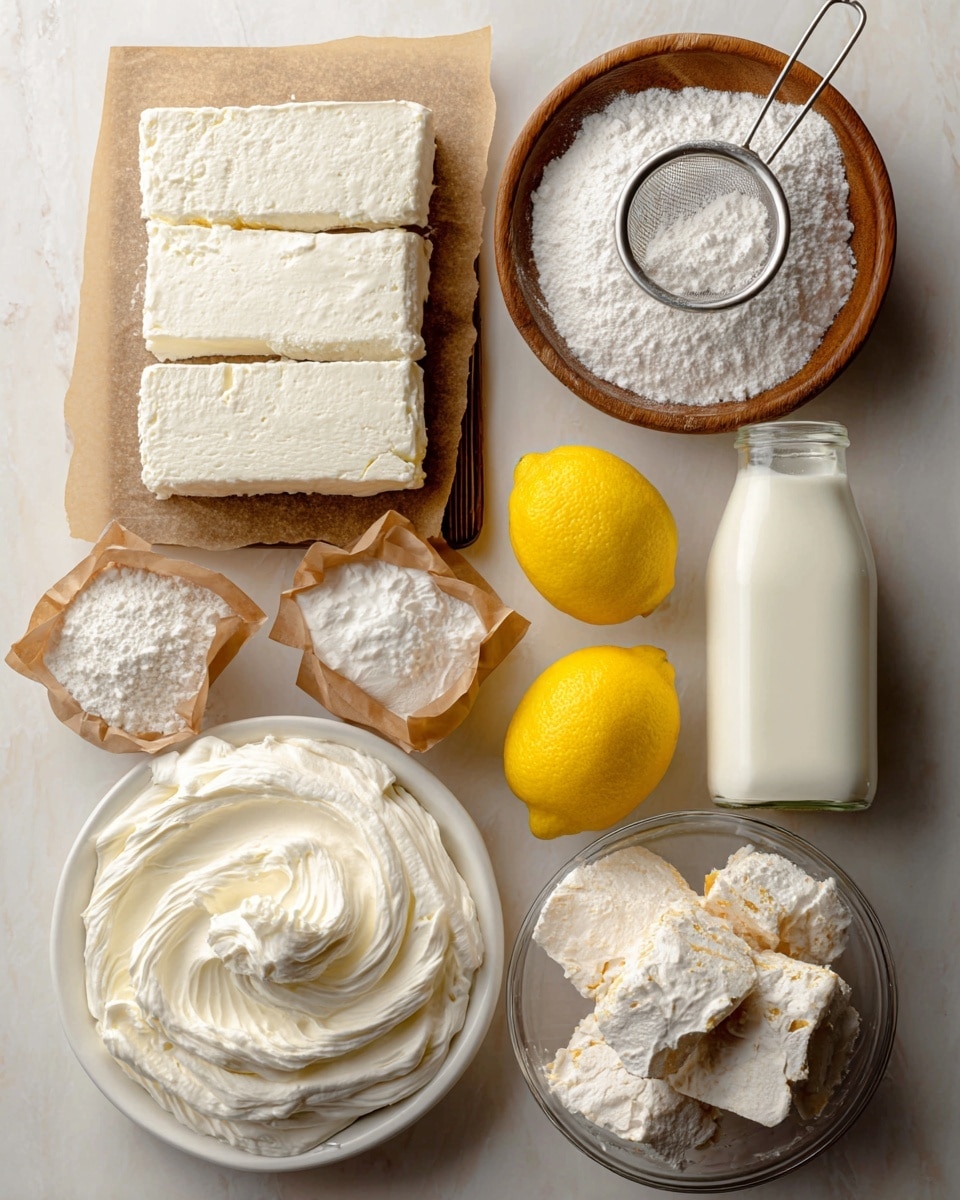 The image shows a top view of various baking ingredients neatly arranged on a white marbled surface. At the top left, two blocks of smooth white cream cheese rest on brown parchment paper placed on a small wooden board. To the top right, a wooden bowl filled with white powdered sugar has a metal sifter resting on top. Below it, a square glass bottle filled with milk stands next to two bright yellow fresh lemons. Near the center left, two small brown paper bags hold white instant pudding mix. At the bottom left, a white bowl contains a thick, fluffy whipped topping with swirled texture. At the bottom right, a clear glass bowl holds uneven chunks of white angel food cake with light brown crusts along the edges. All ingredients are clearly labeled and spaced evenly on the surface. Photo taken with an iphone --ar 4:5 --v 7