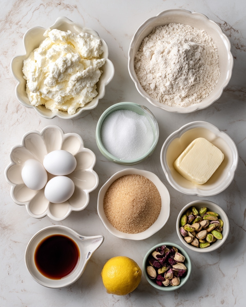 The image shows a collection of small white bowls and a white flower-shaped plate arranged on a white marbled surface. The top left bowl contains whole milk ricotta cheese with a soft, creamy white texture. To the right, a bowl holds a mix of flour, baking powder, and salt, all in light beige powder. Below that is a small bowl with white granulated sugar, and next to it is another bowl with fine white powdered sugar. A bowl with light brown sugar is placed near the center, showing a soft, crumbly texture. A flower-shaped white plate on the left holds three white eggs. Below the plate, a measuring cup contains unsalted butter, which is pale yellow and smooth. Near the bottom right, a small bowl holds shelled pistachios in green and purple tones. Beside that is a small bowl with dark brown vanilla extract, and next to it, another bowl with clear almond extract. Finally, a whole yellow lemon rests on the marbled surface near the lower right corner. photo taken with an iphone --ar 4:5 --v 7