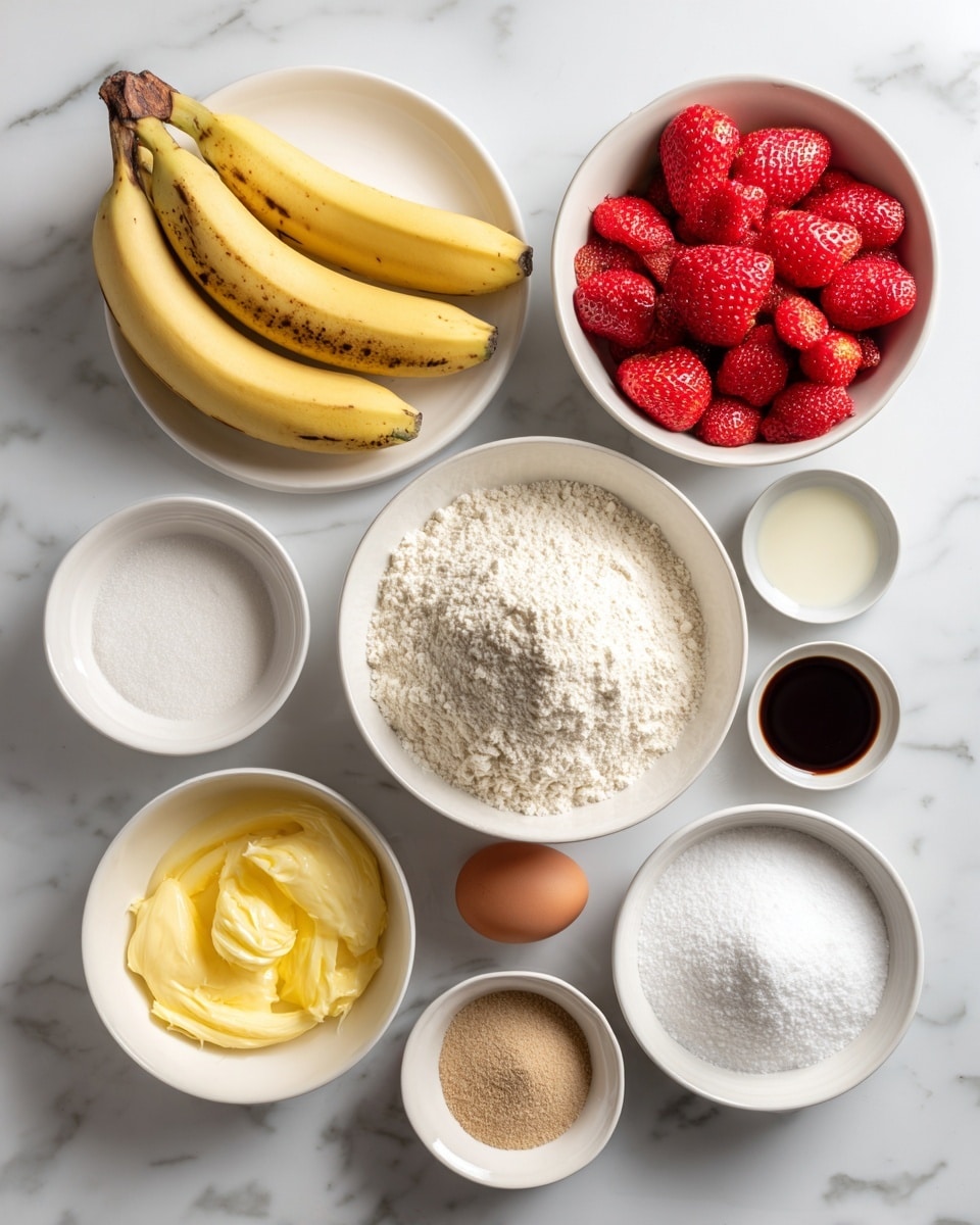 The image shows a collection of ingredients placed neatly on a white marbled surface. At the back left, there is a white plate holding three yellow bananas with brown spots. To the right, there is a white bowl filled with bright red chopped strawberries. Below the bananas, a large white bowl holds a heap of white flour with a rough texture. Next to it, three small white bowls contain white powdery substances and a bowl of brown ground spice. In the middle front, a white bowl has melted yellow butter with a slightly lumpy texture, and beside it, a white bowl is filled with light brown soft sugar. To the right, there is a single brown egg in a small white bowl, with a small white bowl of dark liquid (vanilla extract) nearby. On the front row, two white bowls hold white granulated sugar and another fine white powdery ingredient, all arranged in a clean and organized way. photo taken with an iphone --ar 4:5 --v 7