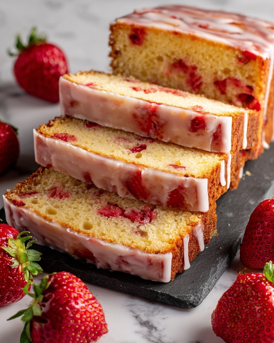 The image shows four thick slices of strawberry cake stacked closely on a dark board. Each slice reveals a soft, light golden-yellow interior with many small holes, dotted with pieces of bright red strawberries inside. The top of each slice is covered with a shiny, slightly translucent white glaze that drips unevenly, adding a smooth texture. Around the board, there are whole and halved fresh strawberries with rich red color and green leaves. The scene is set on a white marbled surface, highlighting the colors of the cake and strawberries. photo taken with an iphone --ar 4:5 --v 7